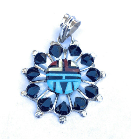 Vintage Zuni Multi Stone & Sterling Silver Inlay Sun Face Pendant