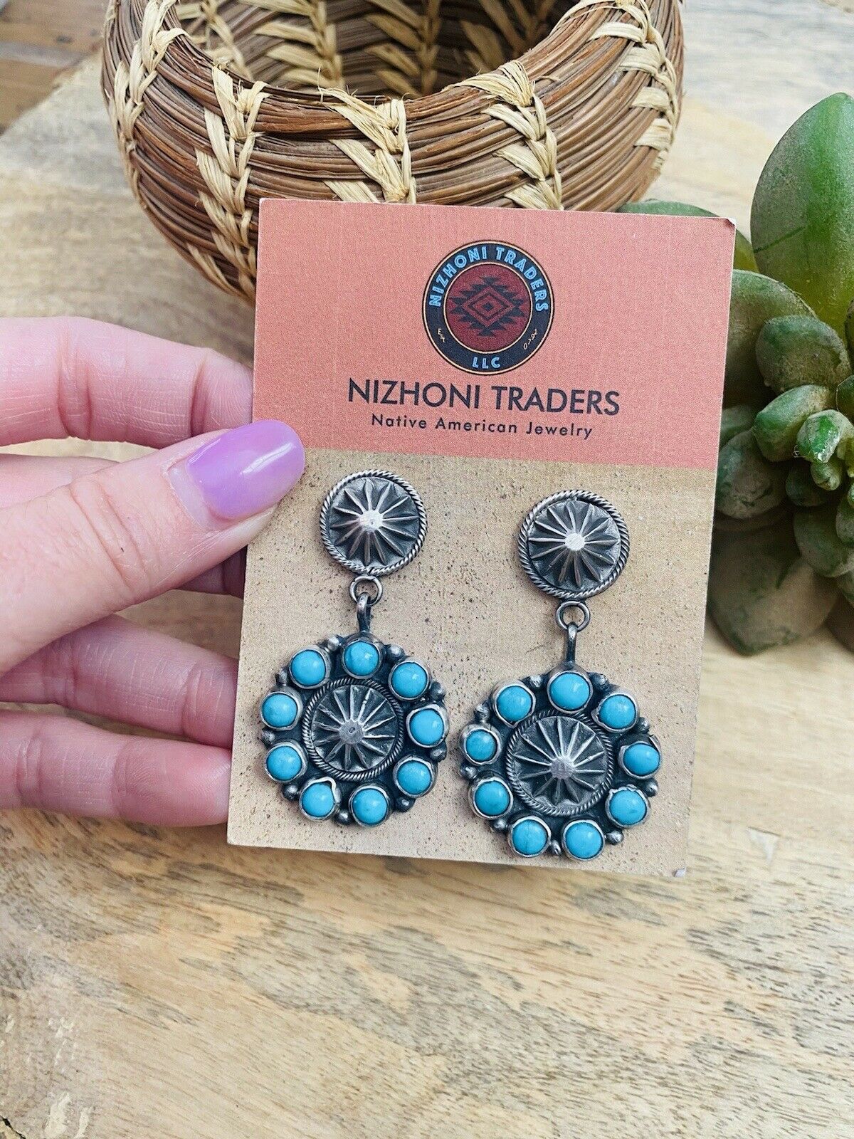 Navajo Turquoise & Sterling Silver Concho Dangle Earrings Signed