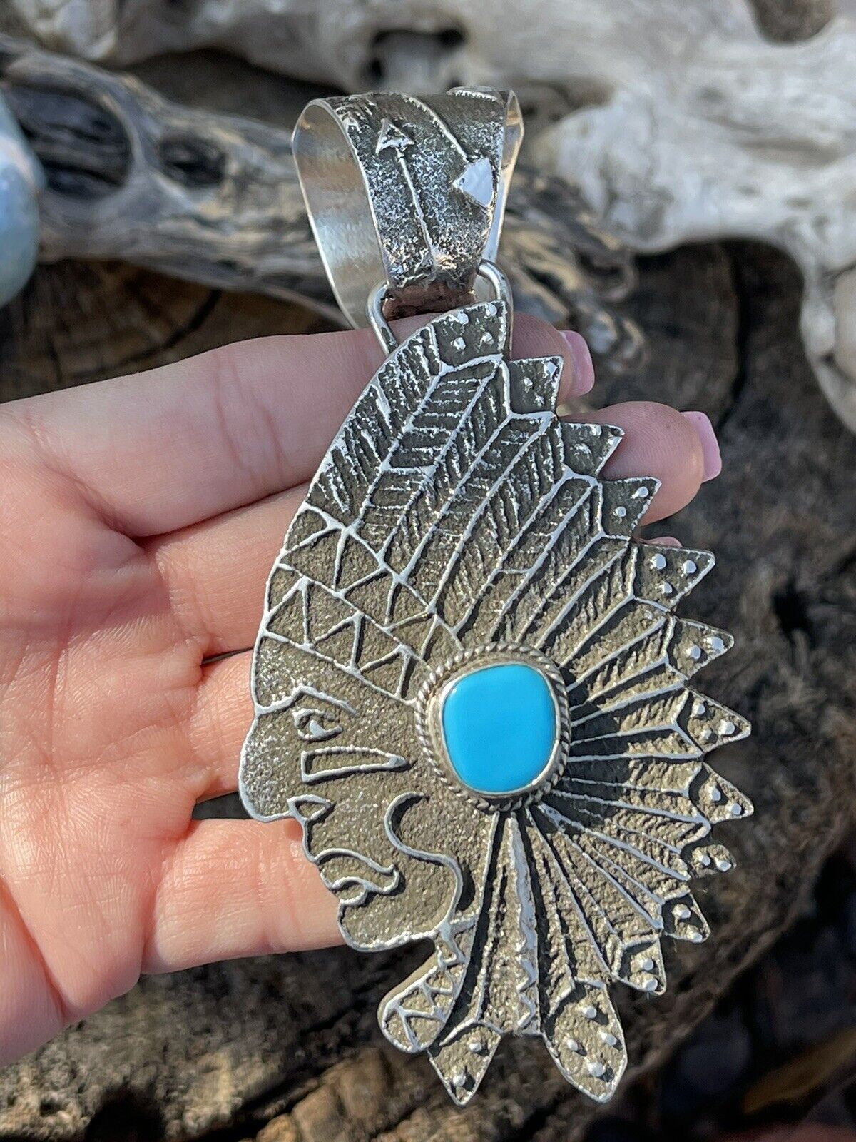 Navajo Sterling Silver & Kingman Turquoise Indian Chief Sand Cast Pendant Sign