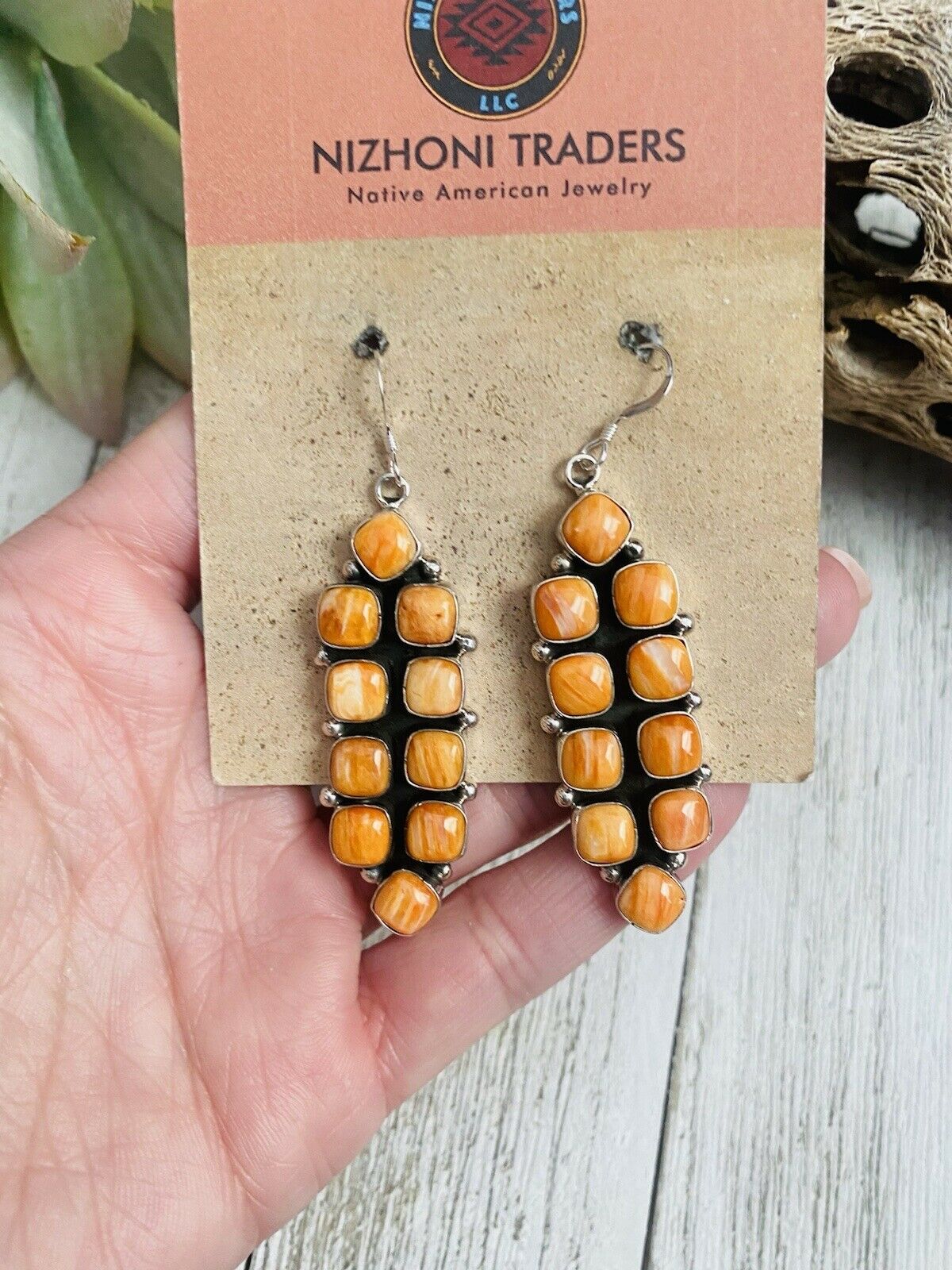 Navajo Sterling Silver & Orange Spiny Oyster Dangle Earrings