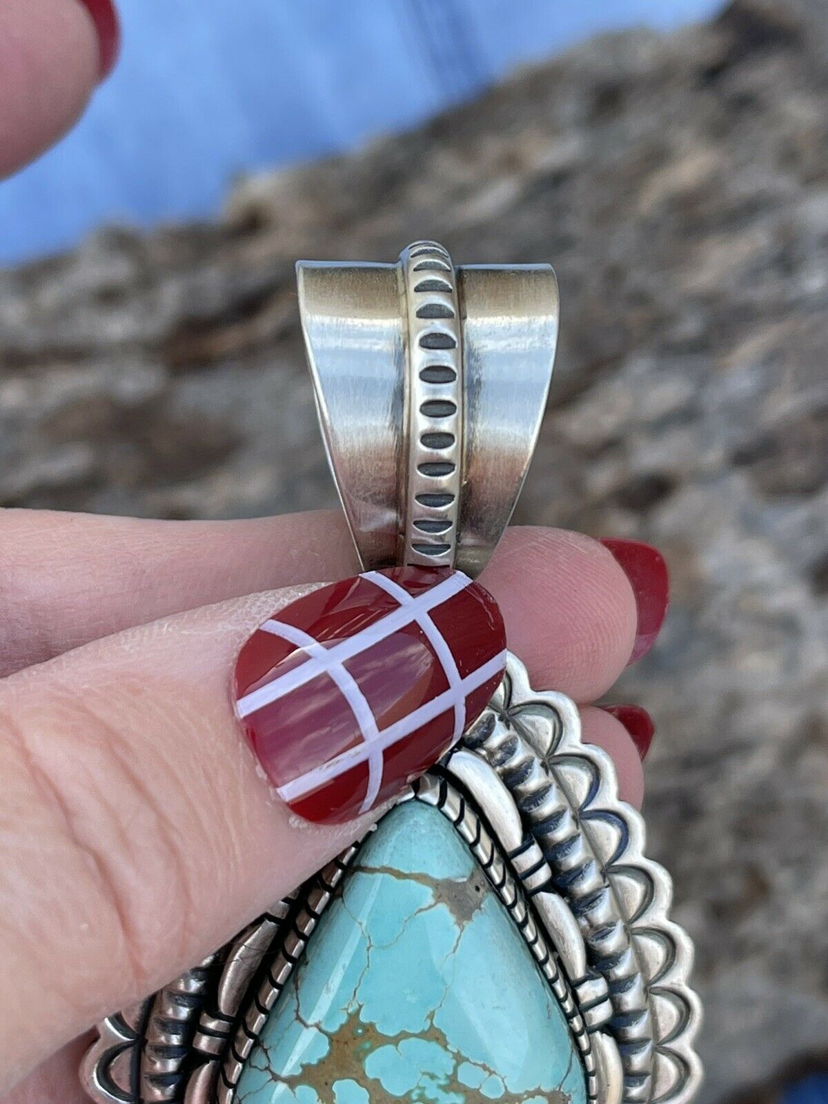 Navajo Number 8  Turquoise & Sterling Silver Jumbo Pendant Signed