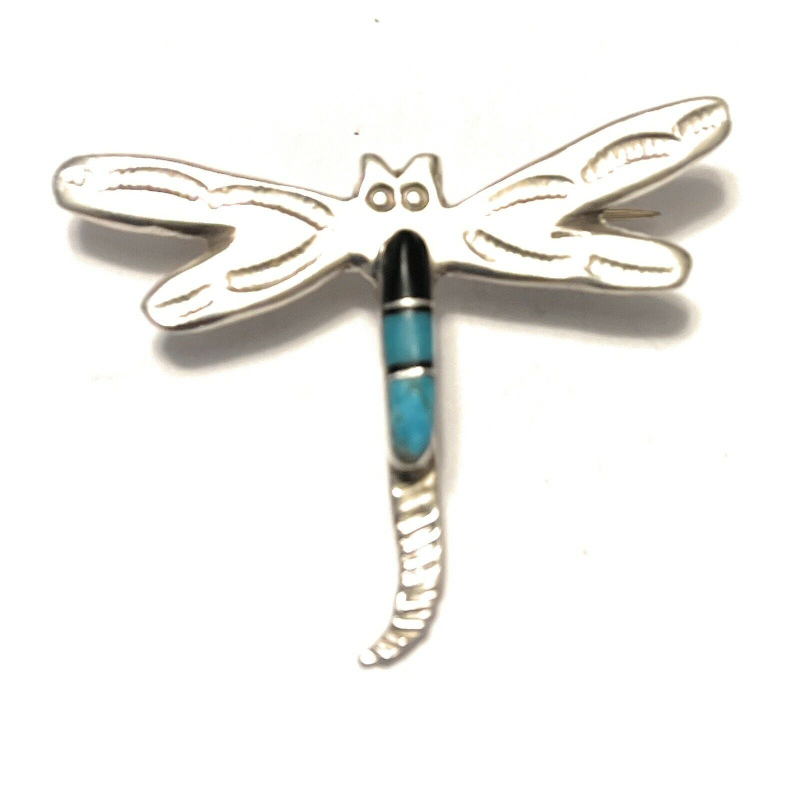 Navajo Sterling Silver Turquoise and Onyx Stone Dragonfly Pendant Pin Signed