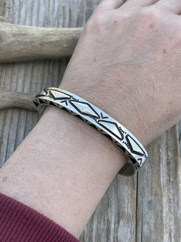 Leander Tahe Hand Stamped Sterling Navajo Bracelet Signed