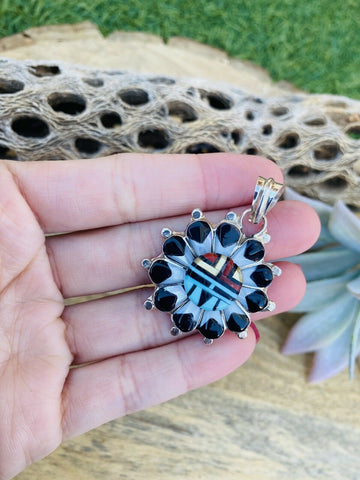 Vintage Zuni Multi Stone & Sterling Silver Inlay Sun Face Pendant