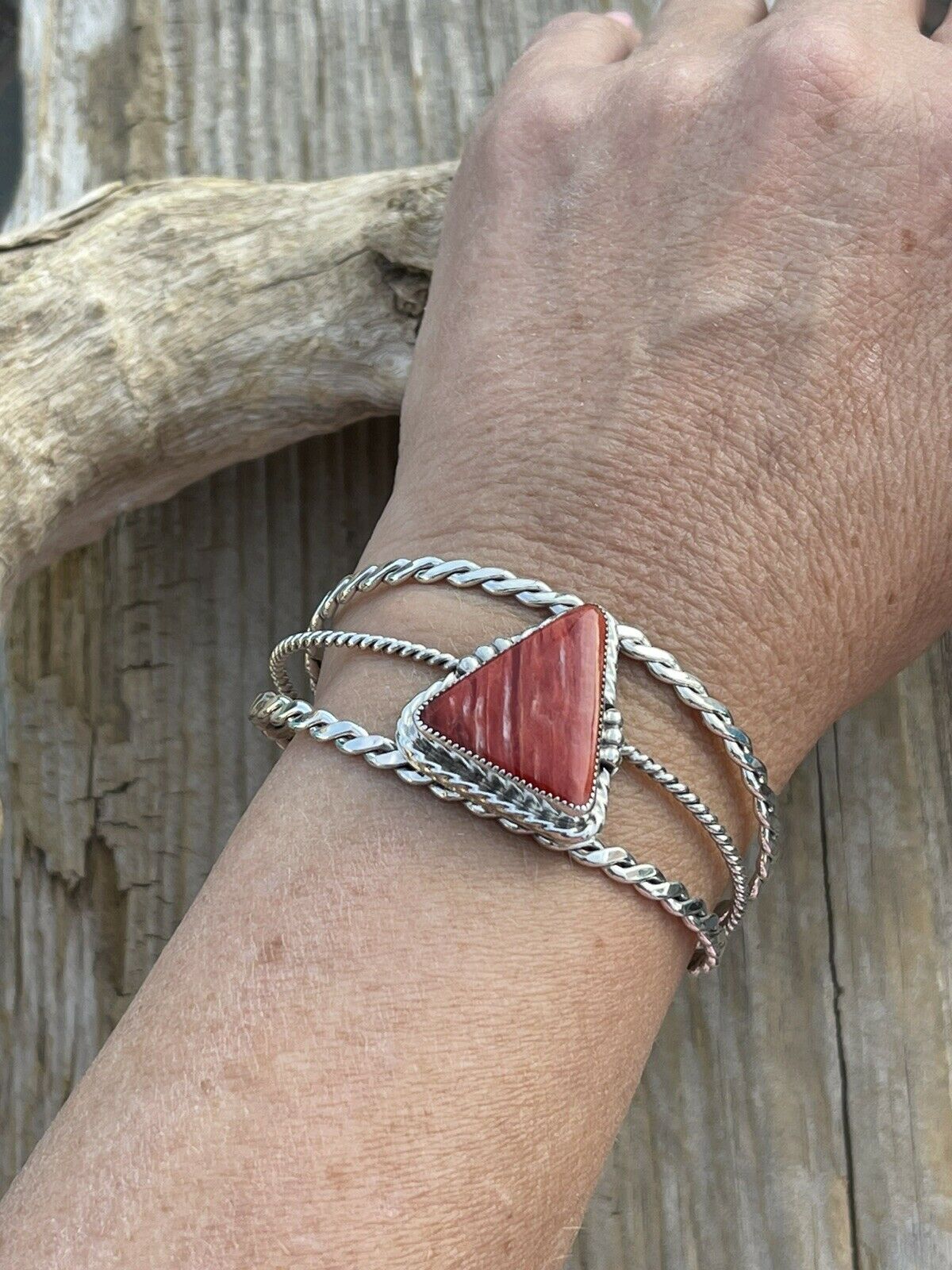 Navajo Orange Spiny Sterling Silver  Cuff Bracelet Stamped W. Begay