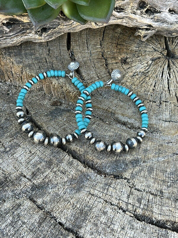 Navajo Sterling Silver Turquoise Stone Post Hoop Earrings