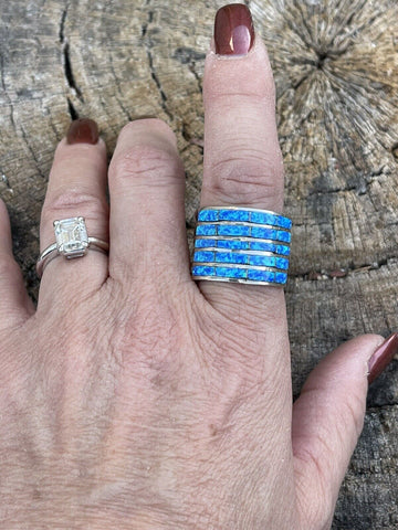 Zuni Sterling Silver Blue Opal 5 Row Inlay Ring