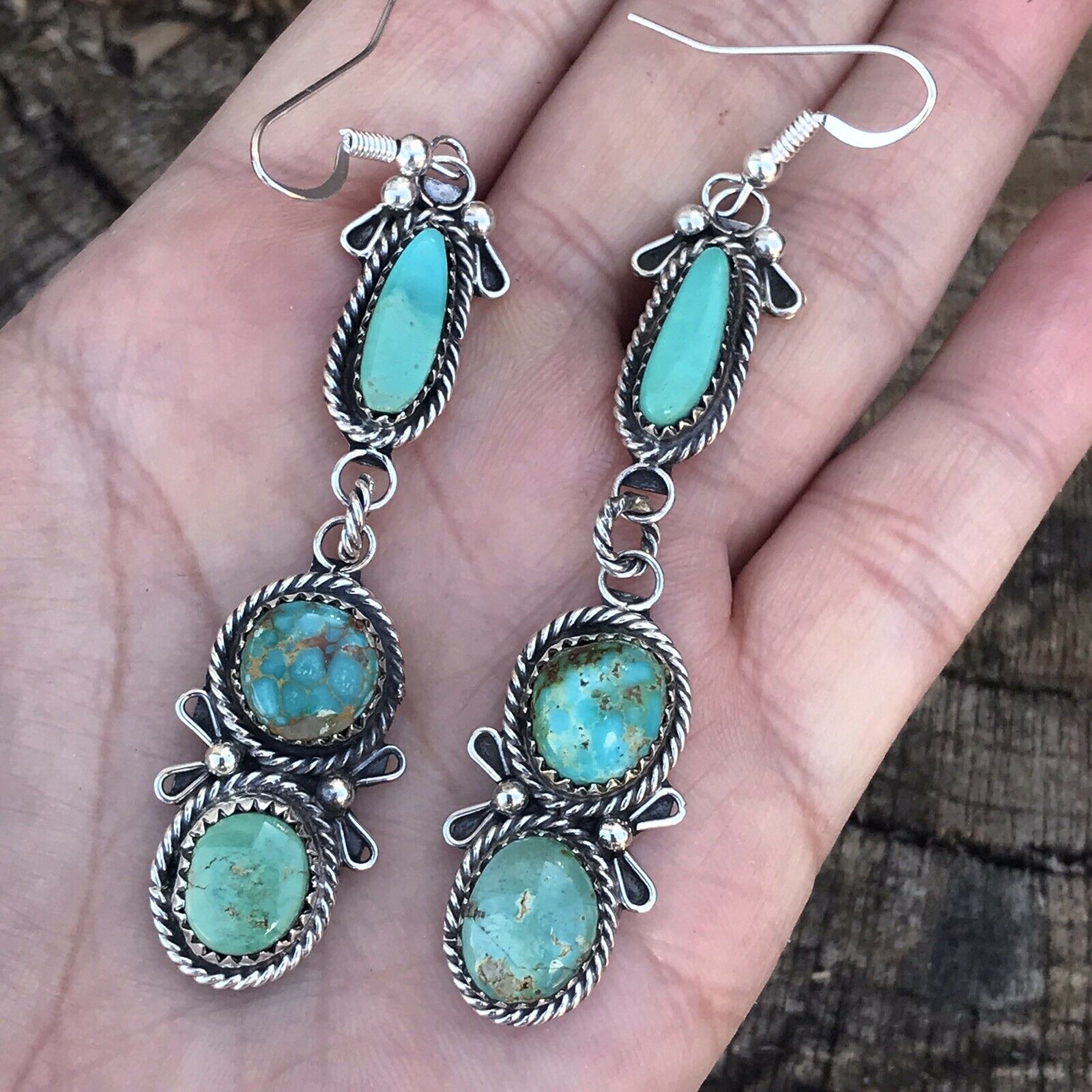 Navajo Mixed  Turquoise & Sterling Silver Dangles Signed