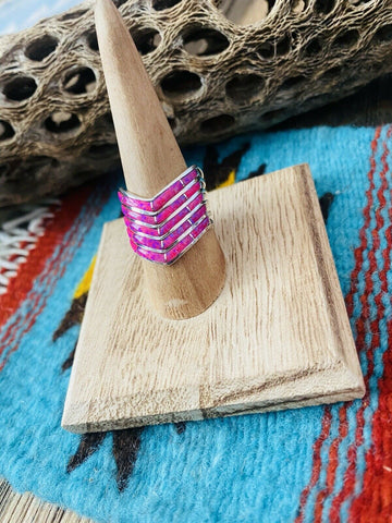 Zuni Sterling Silver & Pink Opal Inlay 5 Row Stacker Ring