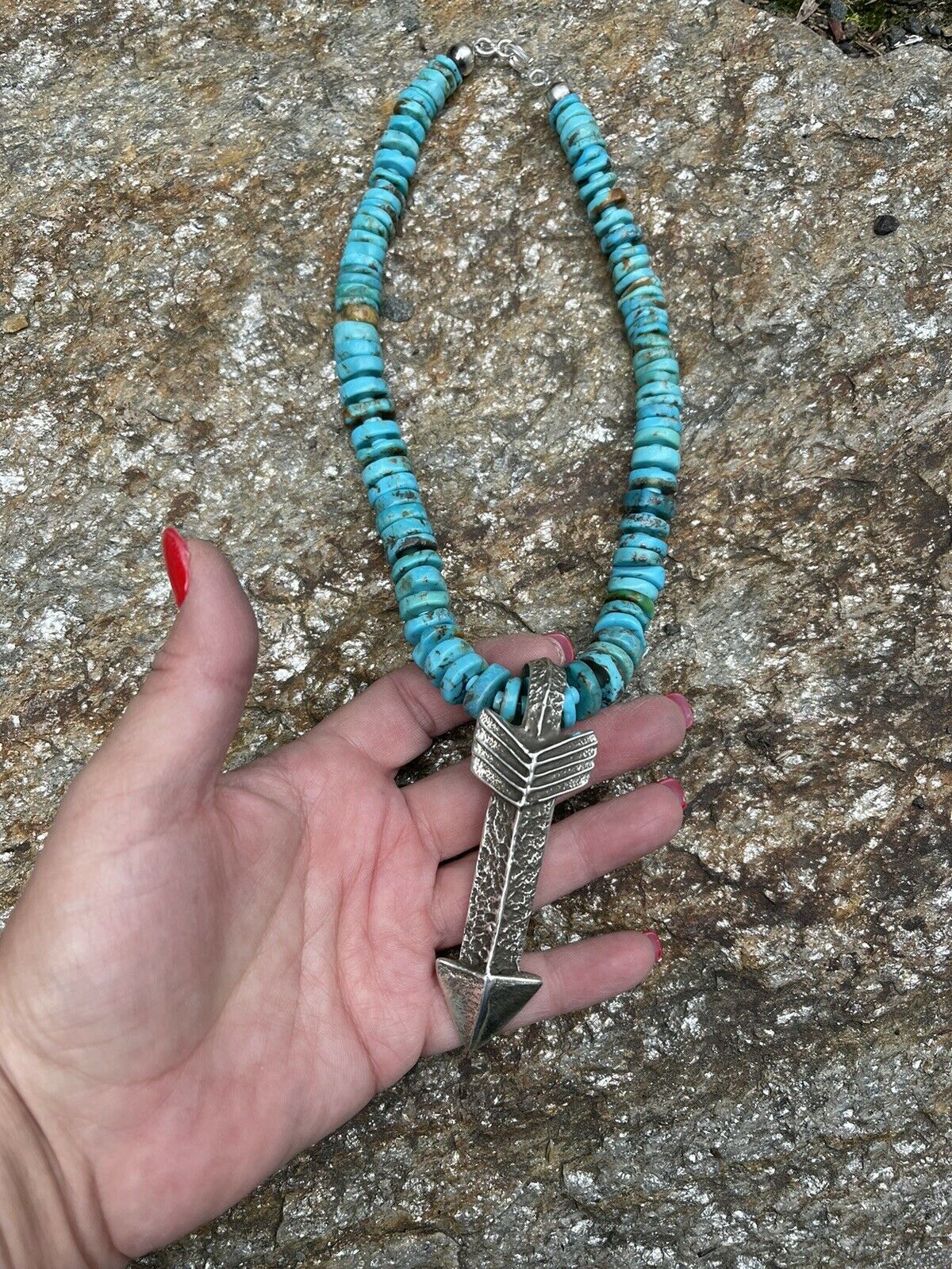 Navajo Natural Turquoise & Sterling Silver Tufa Cast Arrow Necklace