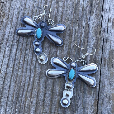 Navajo Sterling Silver  Turquoise Dragonfly Dangle Earrings