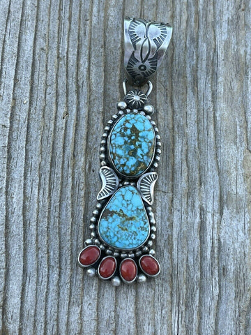 Navajo Sterling Kingman Web Turquoise & Red Coral Taos Pendant Danny Clark