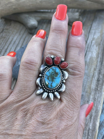 Navajo Sterling Kingman Web Turquoise & Red Coral Taos Collection Ring Sz 6