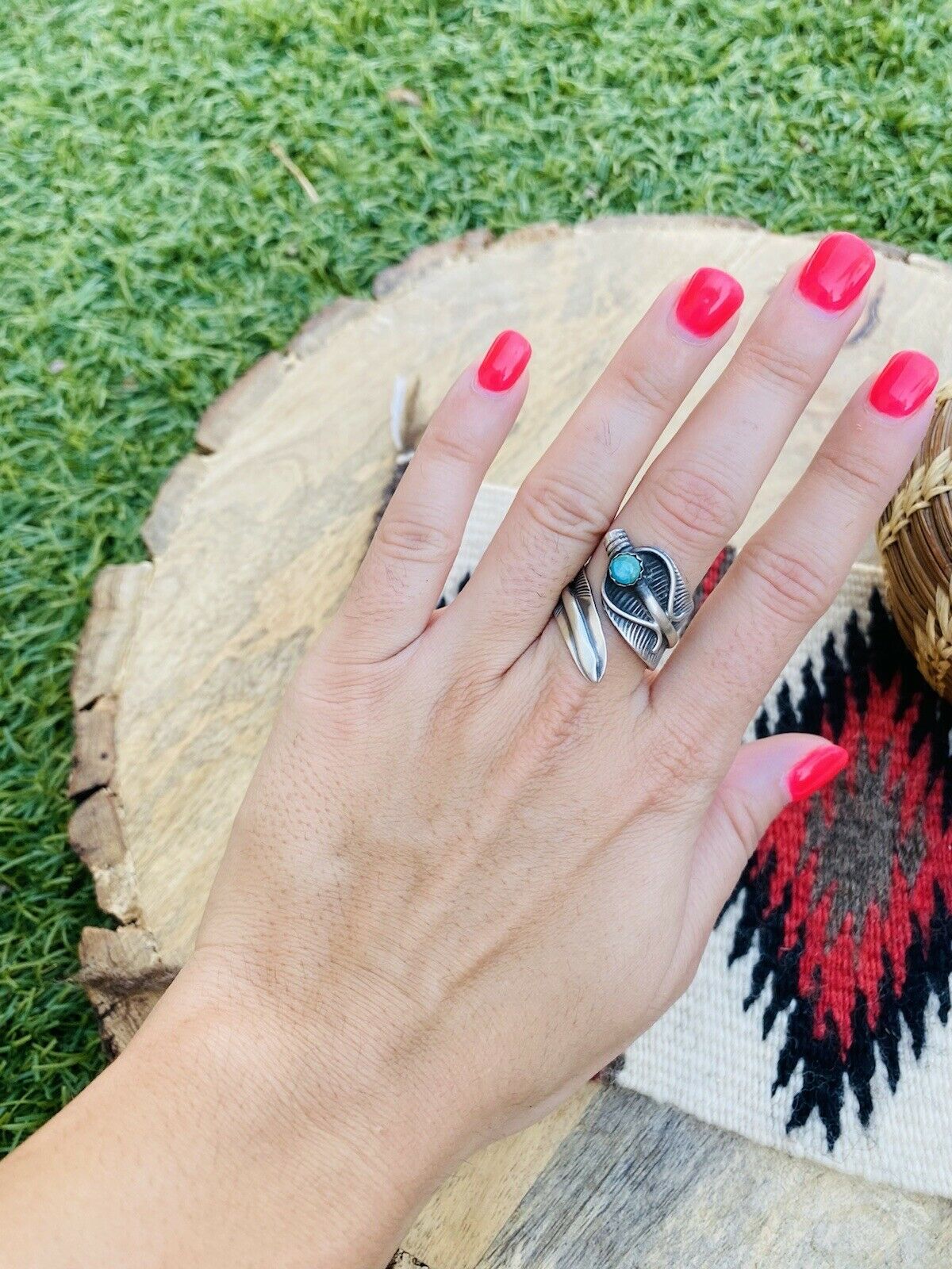 Navajo Sterling Silver & Turquoise Feather Adjustable Ring