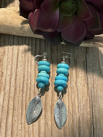 Navajo Sterling Silver & Blue Turquoise Leaf Dangle Earrings