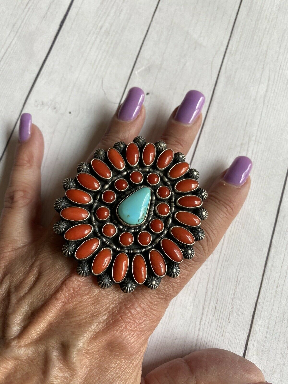 Shawn Cayatenito Sterling Silver Turquoise & Coral Statement Ring Size 8  Signed