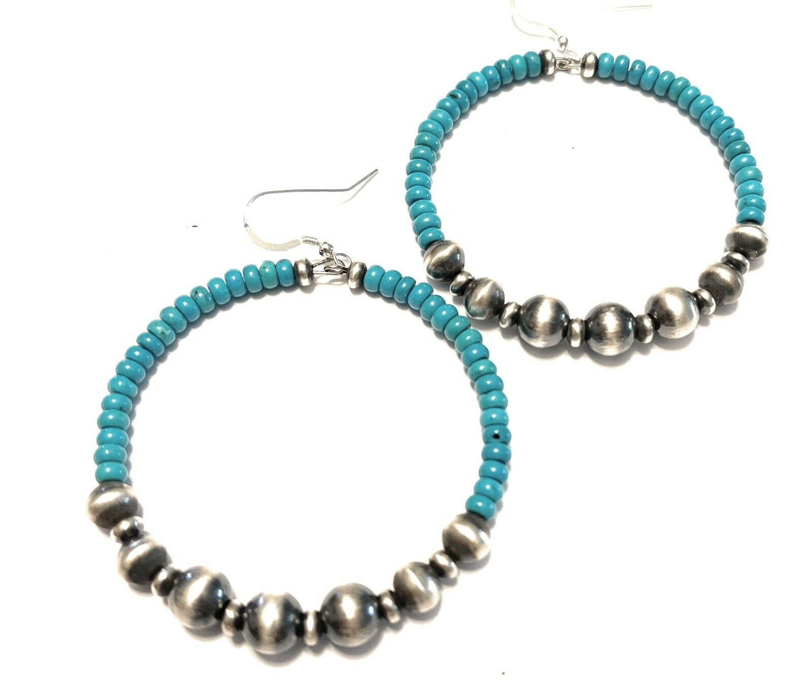 Gorgeous Beautiful Bright Blue Turquoise & Sterling Bead Hoop Dangle Earrings