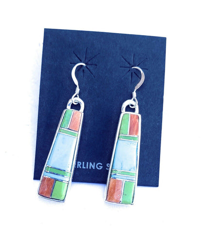 Navajo Multi Stone And Sterling Silver Inlay Dangle Earrings