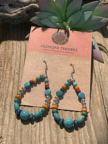 Navajo Sterling Silver Turquoise Multi Stone Beaded Hoop Dangle Earrings