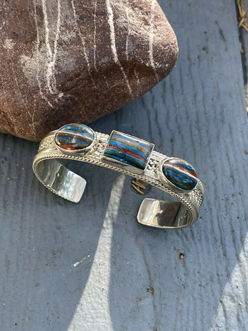 Unique Navajo Sterling Silver & Rainbow Stone Elegant Cuff Bracelet