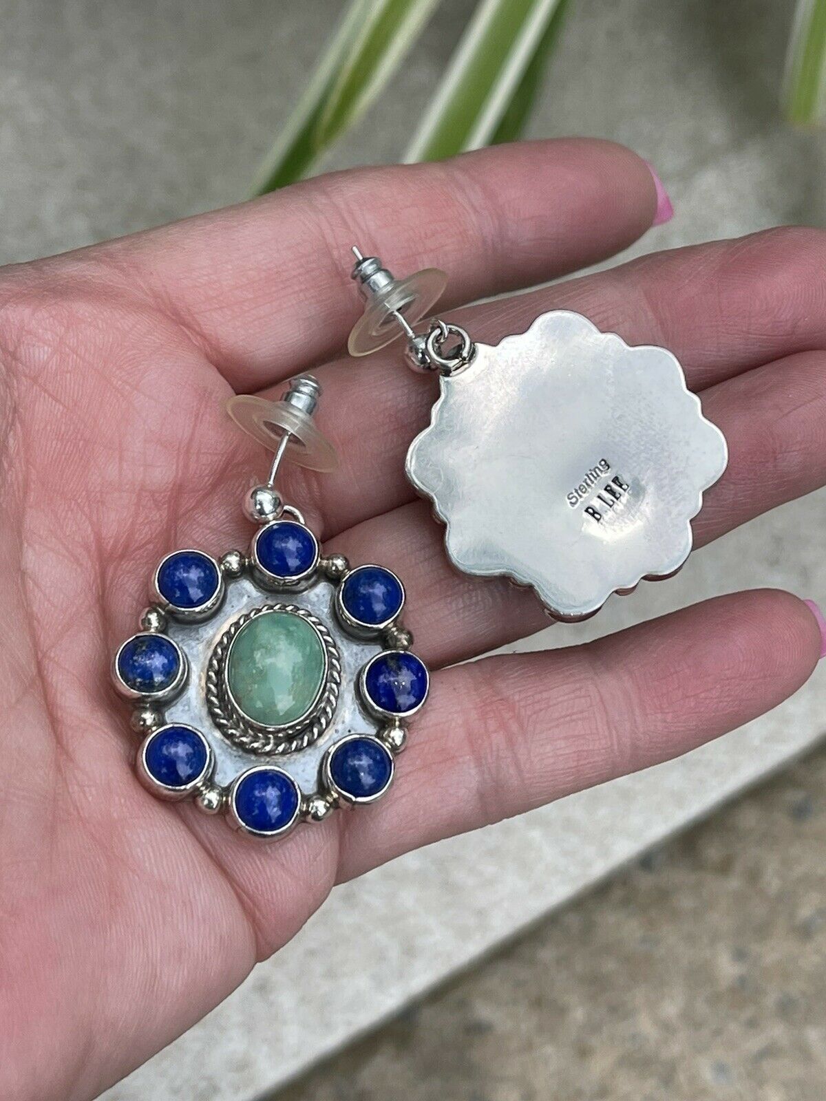 Navajo Sterling Silver Lapis & Turquoise Stone Cluster Dangle Earrings B. Lee