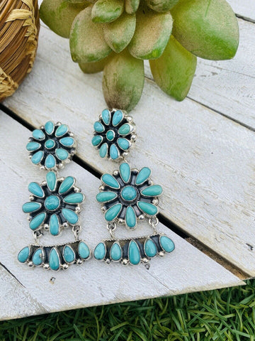 Navajo Handmade Turquoise and Sterling Silver Cluster Dangle Post Earrings