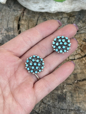 Zuni Sterling Silver & Turquoise Cluster Stud Earrings Signed LW