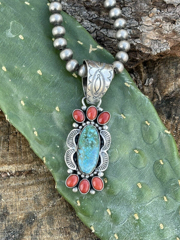 Navajo Sterling Kingman Web Turquoise & Red Coral Pendant Taos Collection