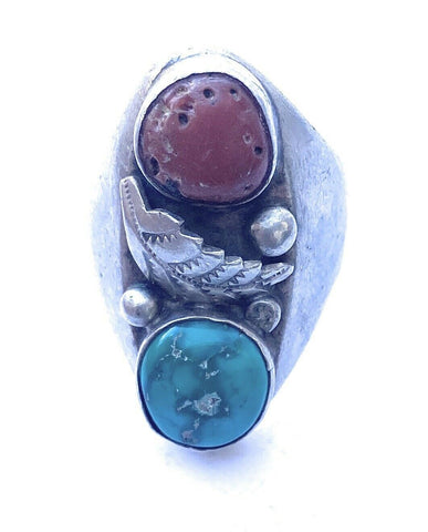 Vintage Navajo Sterling Silver, Turquoise & Coral Ring Size 10