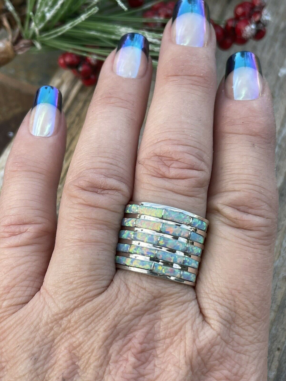 Navajo Sterling Silver Iridescent Opal Stacked Ring