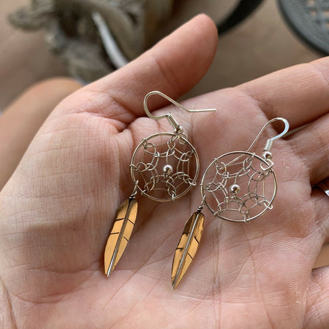 Navajo Sterling Silver Dream Catcher, Feather Dangle Earrings.