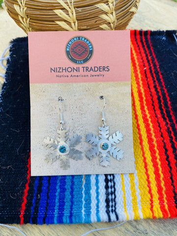 Navajo Sterling Silver & Turquoise Snowflake Dangle Earrings