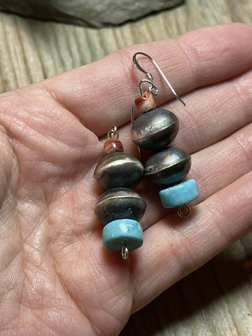 Navajo Pearl Sterling Silver Multi Stone Bead Dangle Earrings