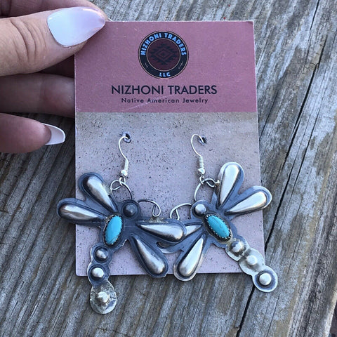 Navajo Sterling Silver  Turquoise Dragonfly Dangle Earrings