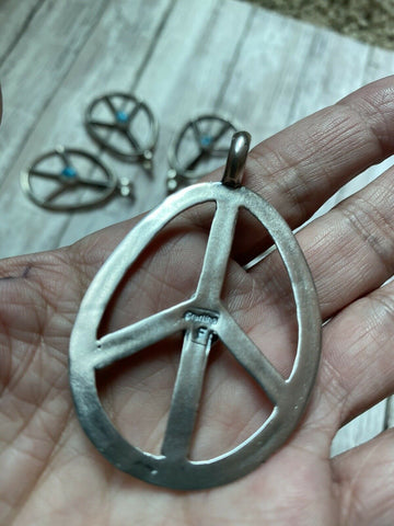 Navajo Sterling Silver & Kingman Turquoise Peace Sign Pendant Signed