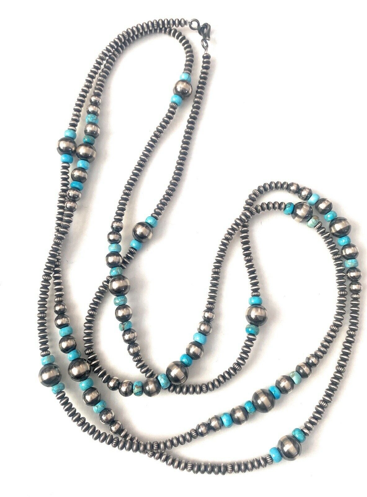 Navajo Turquoise & Sterling Silver Pearl Beaded 60 Inch Necklace