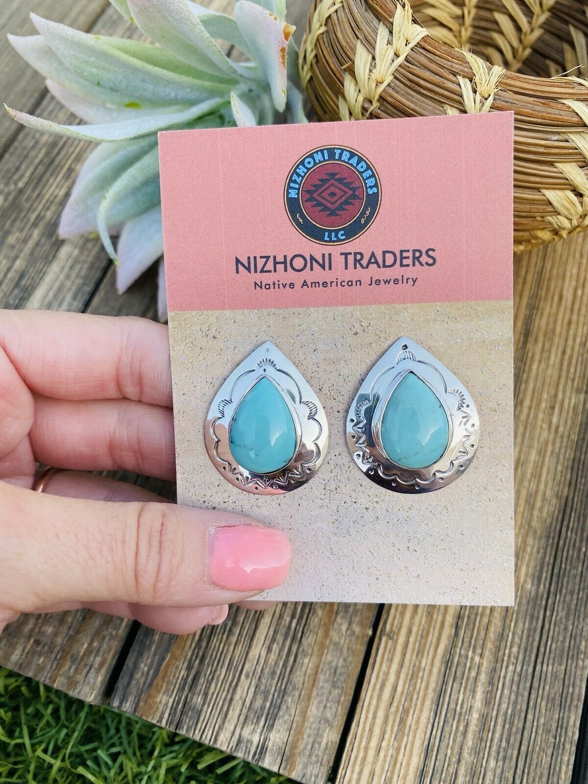 Navajo Hand Stamped Sterling Silver & Turquoise Post Earrings Signed