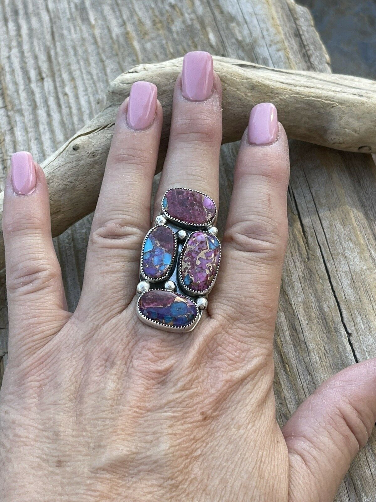 Navajo 4 stone Pink Dream Mohave & Sterling Silver Ring Size 6