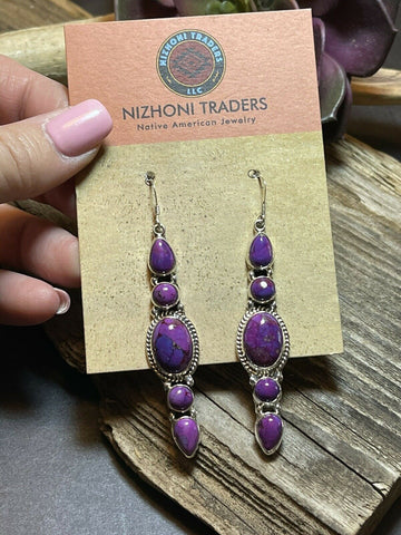 Navajo Sterling Silver Purple Mojave Dangle Fancy Earrings Signed