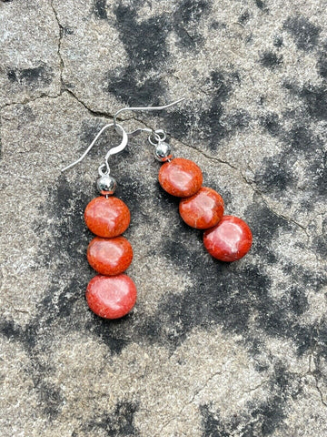 Navajo Sterling Silver Apple Coral 3 Bead Dangle Earrings