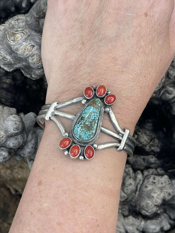 Navajo Sterling Kingman Web Turquoise & Red Coral Taos Bracelet Cuff Johnson