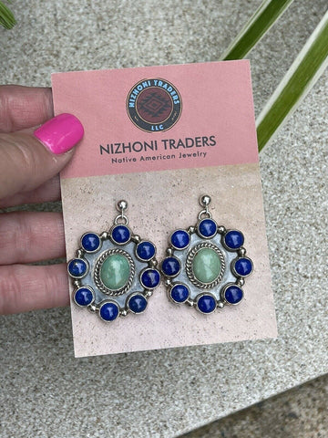 Navajo Sterling Silver Lapis & Turquoise Stone Cluster Dangle Earrings B. Lee