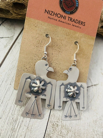 Navajo Hand Stamped Sterling Silver Thunderbird Dangle Earrings By Tim Yazzie