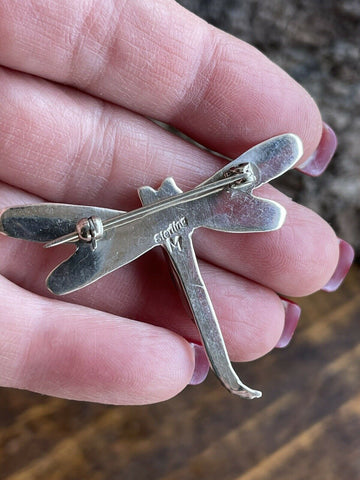 Navajo Sterling Silver Turquoise and Onyx Stone Dragonfly Pendant Pin Signed