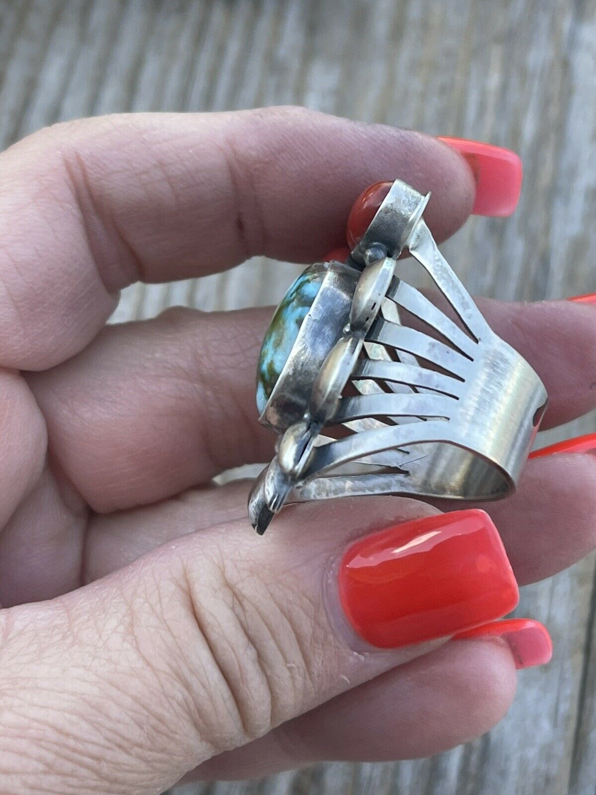 Navajo Sterling Kingman Web Turquoise & Red Coral Taos Collection Ring Sz 8.5