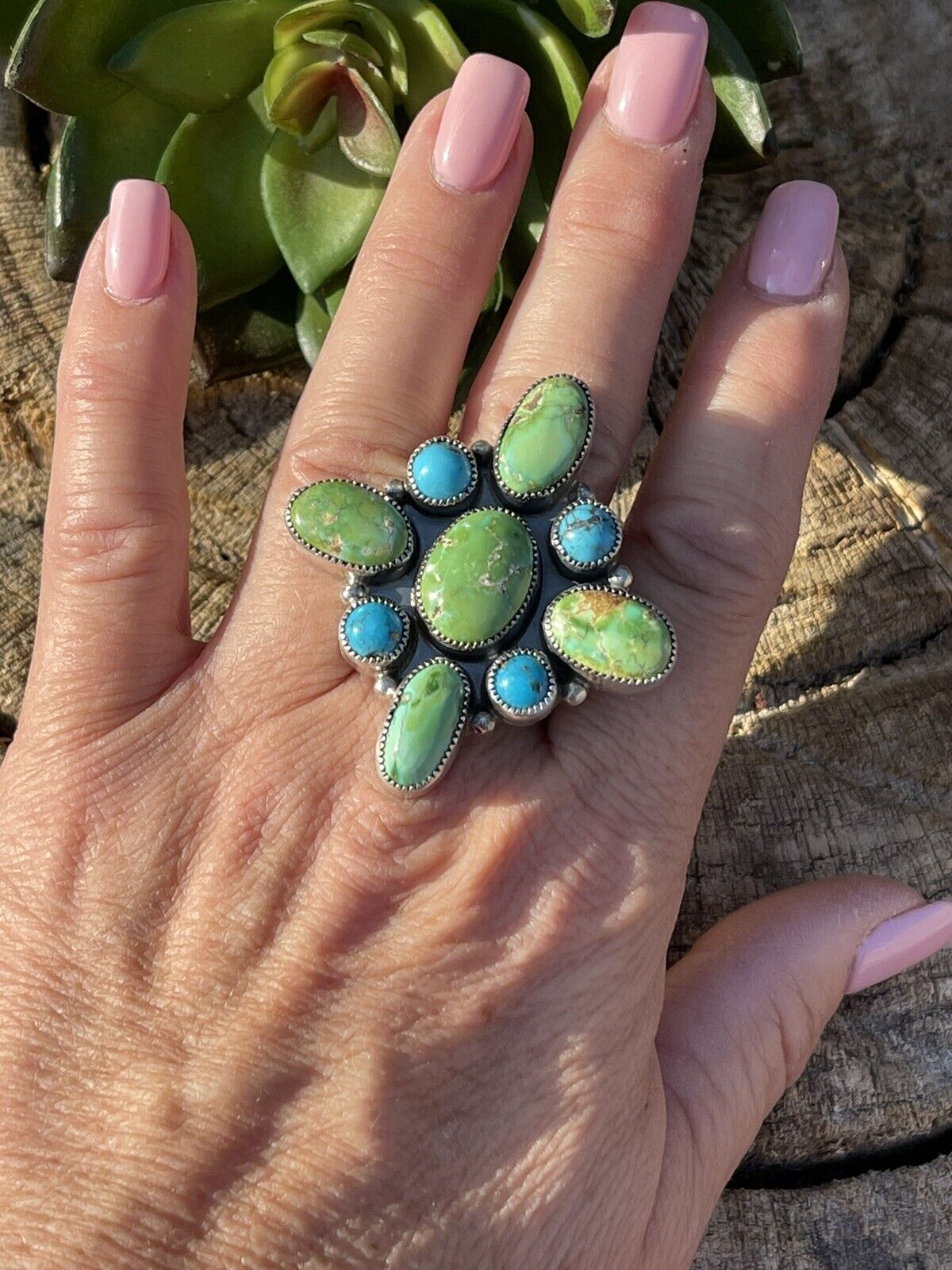 Navajo Sterling Sonoran Gold And Golden Hills Turquoise Cluster Ring Size 8.5