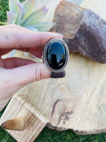 Navajo Sterling Silver & Black Onyx Ring Size 13.5 Signed