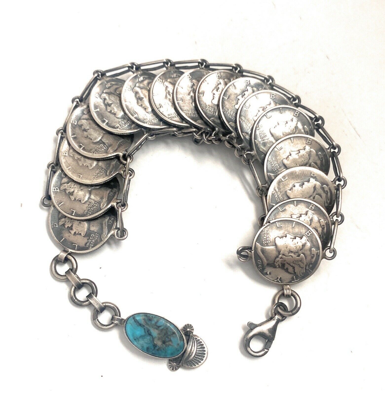 Navajo Turquoise & Sterling Silver Liberty Dime Bracelet By James McCabe