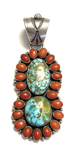 Navajo Sterling 2 Stone Kingman Web Turquoise & Red Coral Taos Pendant