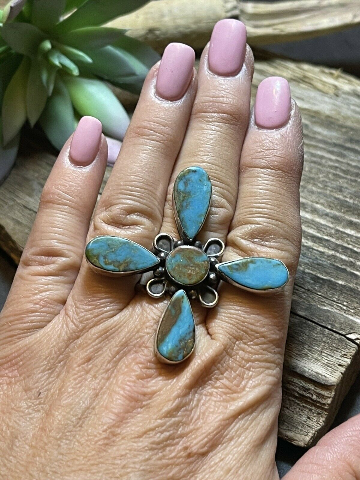 Sterling Silver & Royston Turquoise Scroll Petal Ring Size 7 Signed